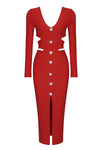 Long Sleeve Hollow Out Crystal Button Split Bandage Dress In White Red