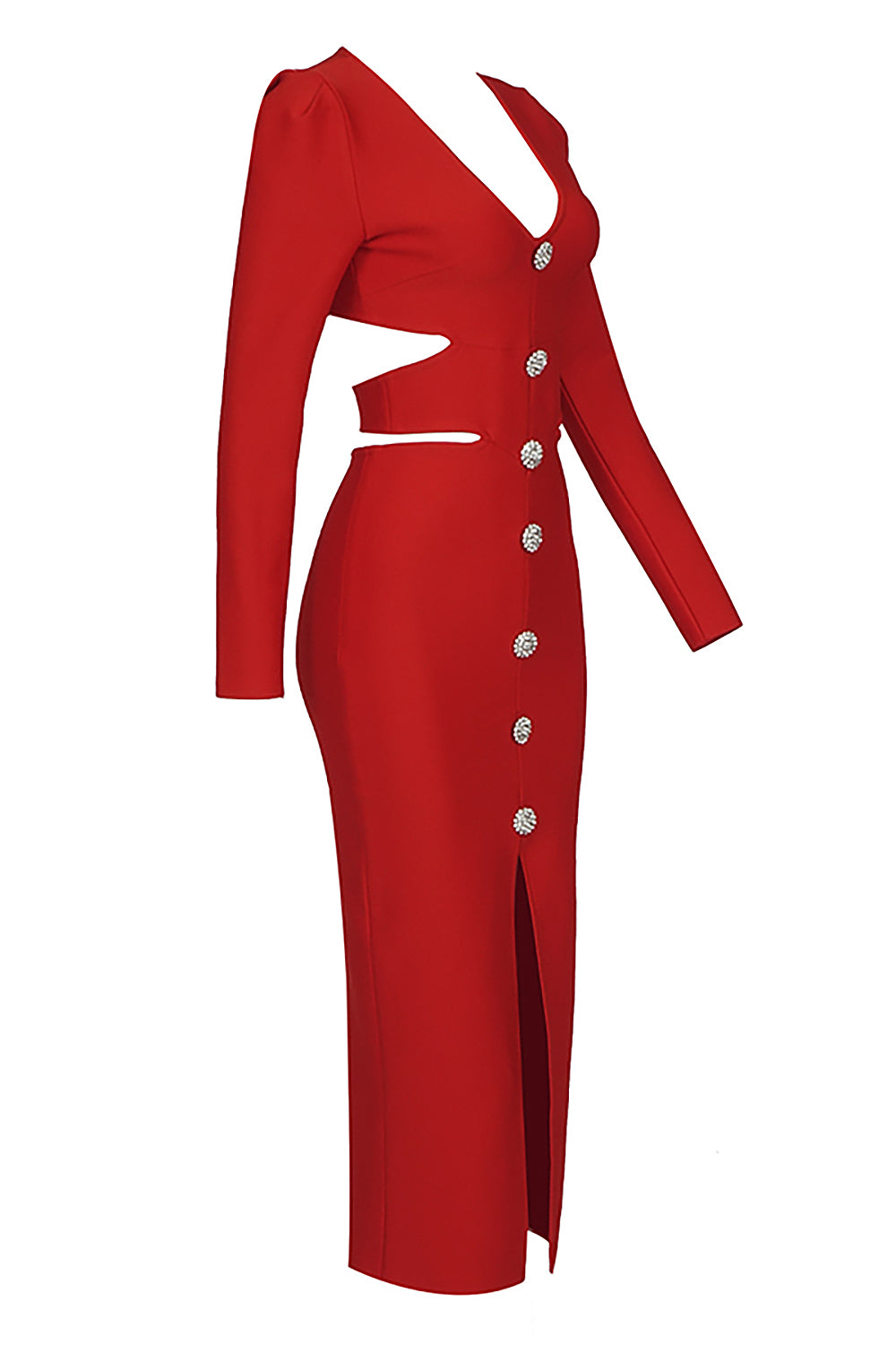 Vestido de bandagem dividida com botão de cristal vazado de manga comprida em branco e vermelho