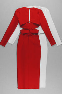 Vestido de bandagem dividida com botão de cristal vazado de manga comprida em branco e vermelho