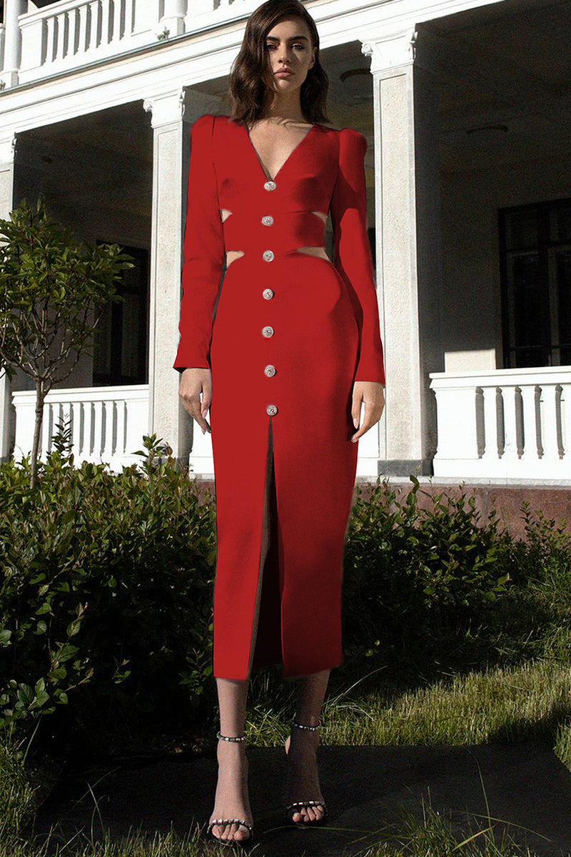 Long Sleeve Hollow Out Crystal Button Split Bandage Dress In White Red
