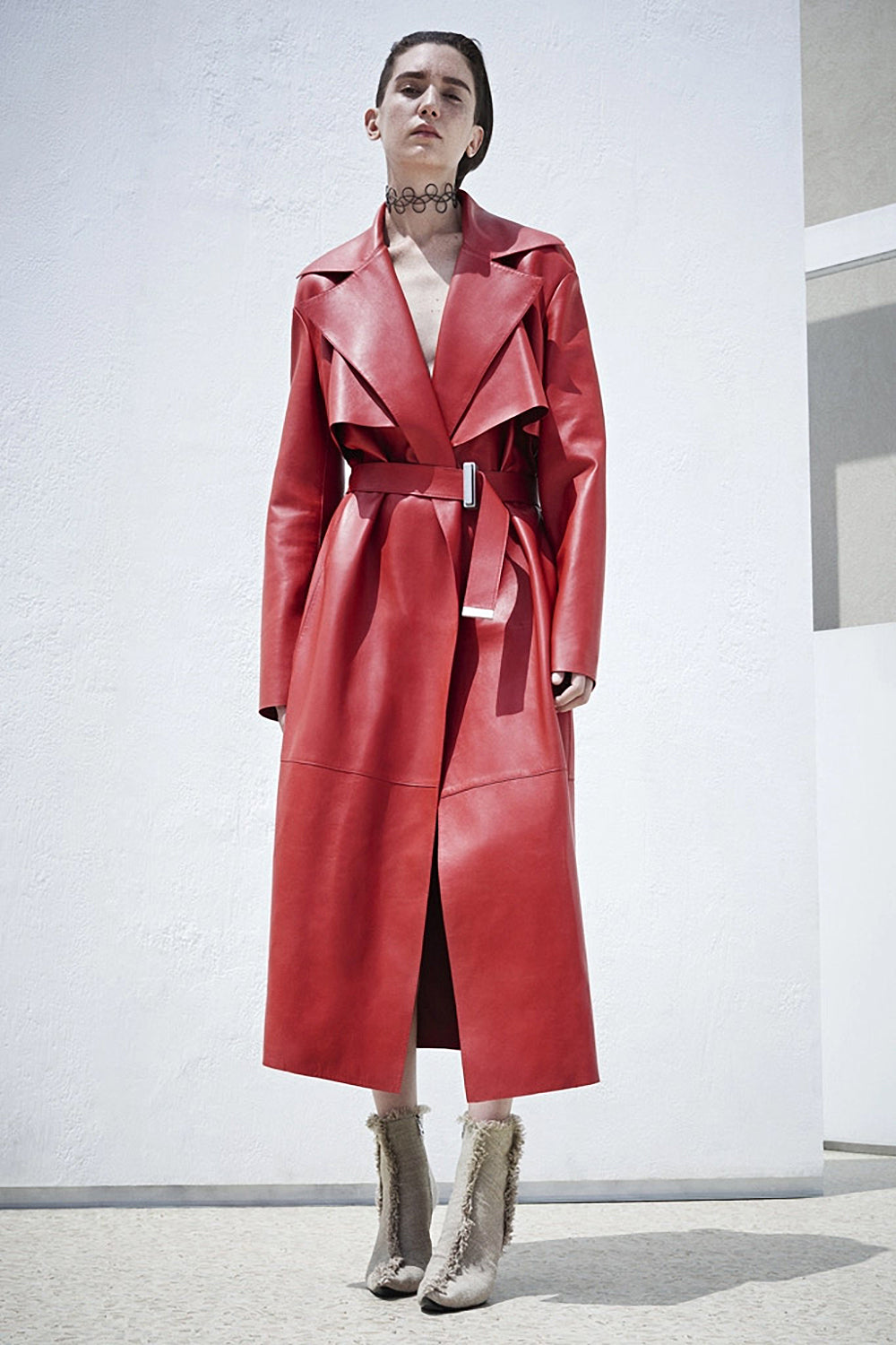 Red Long Leather Trench Belt Lapel Loose PU Coat - IULOVER