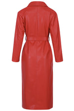 Red Long Leather Trench Belt Lapel Loose PU Coat - IULOVER