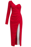 Red One-Shoulder Long-Sleeved Draped Split Midi Dress
