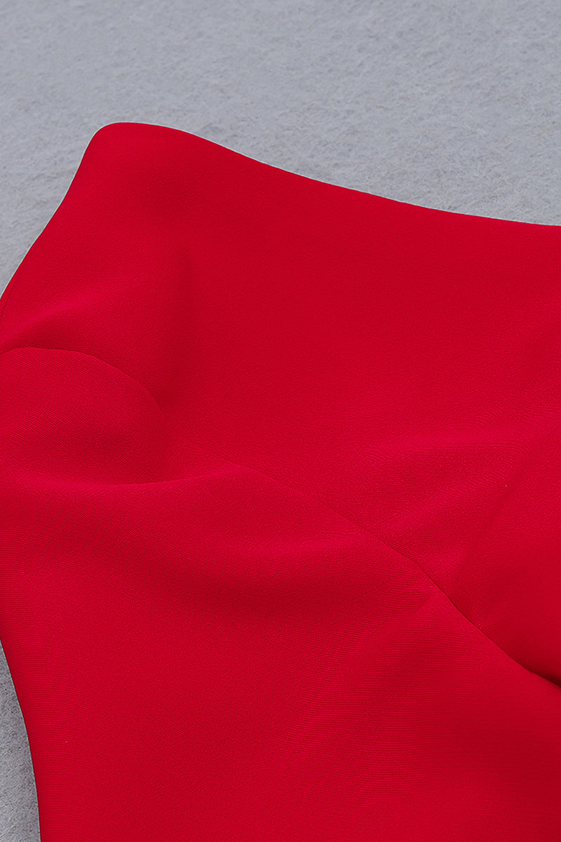 Red One-Shoulder Long-Sleeved Draped Split Midi Dress