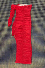 Red One Sleeve Mesh Drape Split Midi Dress