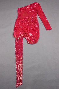 Minivestido drapeado de manga comprida com lantejoulas vermelhas e um ombro