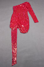 Red Sequin One Shoulder Long Sleeve Draped Mini Dress