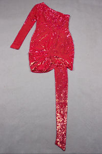 Minivestido drapeado de manga comprida com lantejoulas vermelhas e um ombro