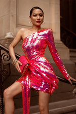 Red Sequin One Shoulder Long Sleeve Draped Mini Dress