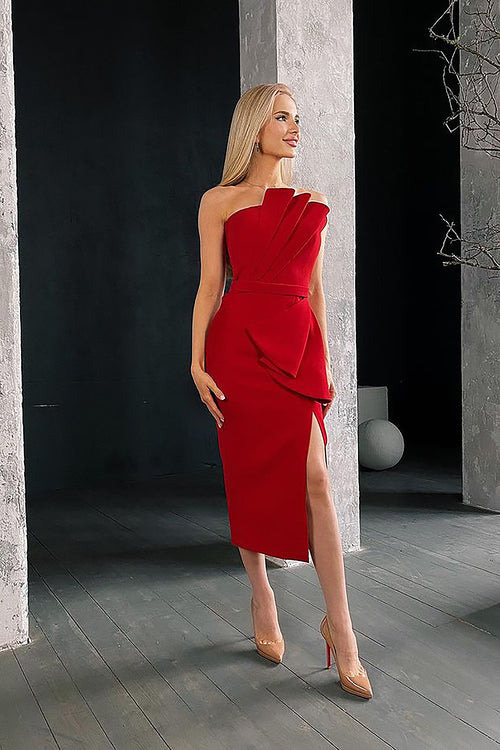 Red Strapless Ruffle Midi Bandage Dress - IULOVER