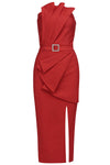 Red Strapless Ruffle Midi Bandage Dress - IULOVER