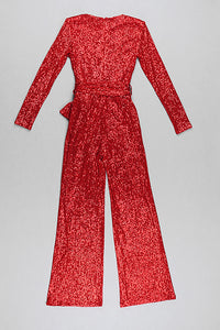 Red V-neck Long Sleeve Shiny Lace-up Sequins Jumpsuit