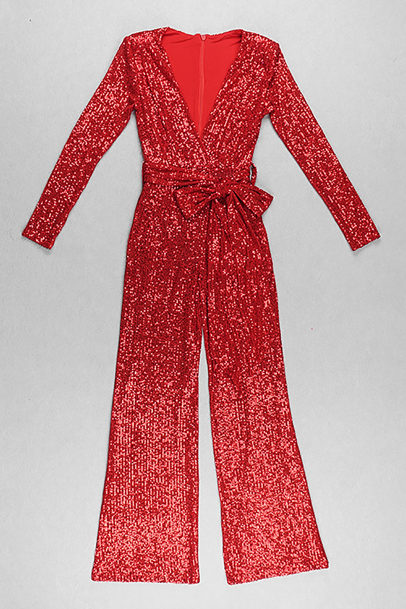 Red V-neck Long Sleeve Shiny Lace-up Sequins Jumpsuit