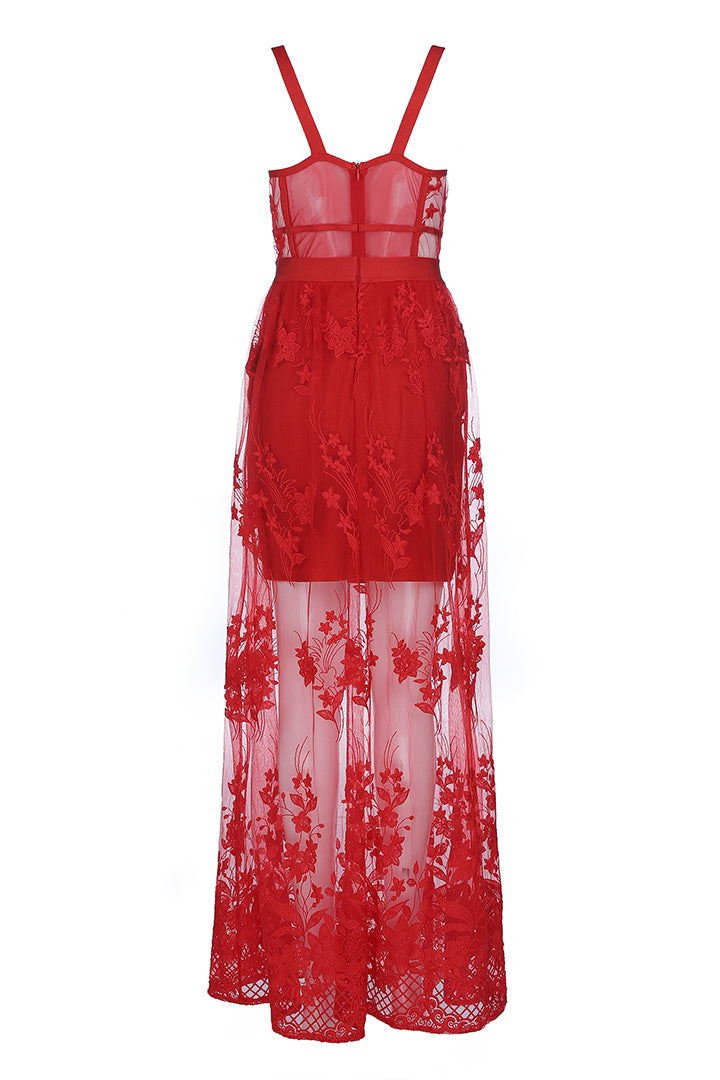 Red Hollow Out Lace Spaghetti Strap Maxi Bandage Dress - iulover