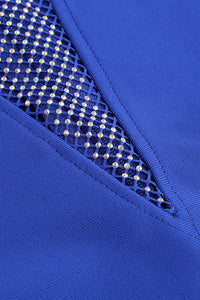 Minivestido bandagem de manga comprida com acabamento em strass em azul preto vermelho