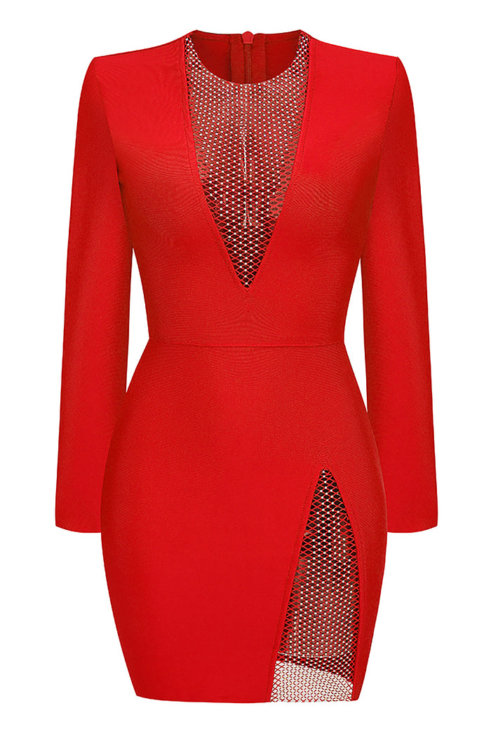 Rhinestone-Trim Long Sleeve Mini Bandage Dress In Blue Black Red