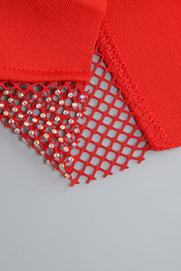 Minivestido bandagem de manga comprida com acabamento em strass em azul preto vermelho