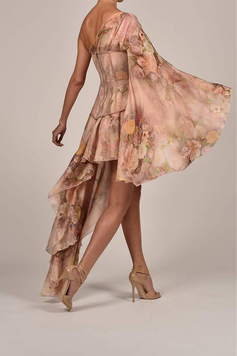 Rose Silk Printed One Shoulder Dress - IULOVER