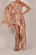 Rose Silk Printed One Shoulder Dress