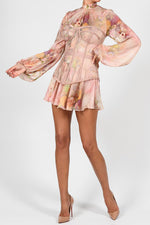 Rose Silk Printed Puffes Long Sleeve Dress