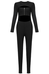 Black Long Sleeve Hollow Out Bodycon Bandage Jumpsuit - IULOVER