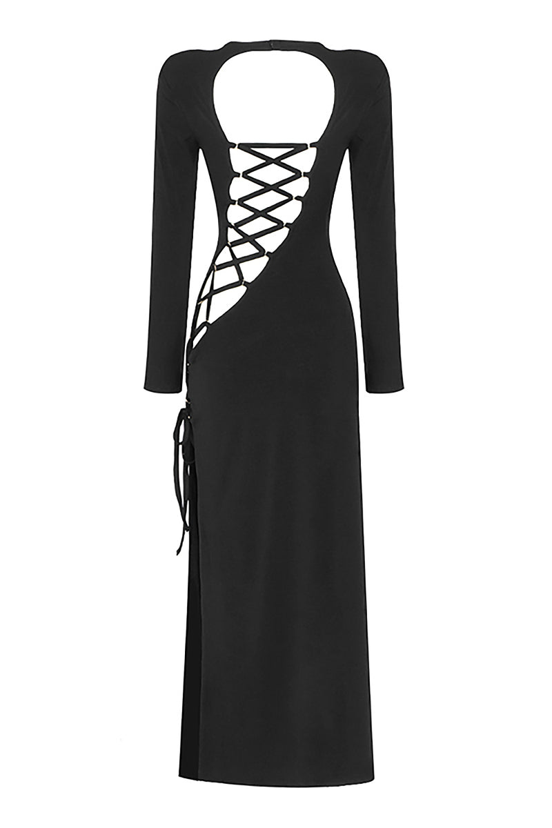 Round Neck Long Sleeve Backless Hollow Splits Maxi Dress