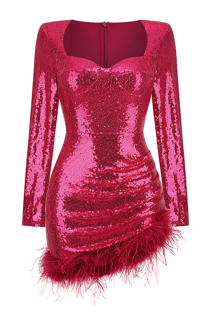 Sequins Feather-trim Long sleeves Mini Dress In Pink Rose Gold