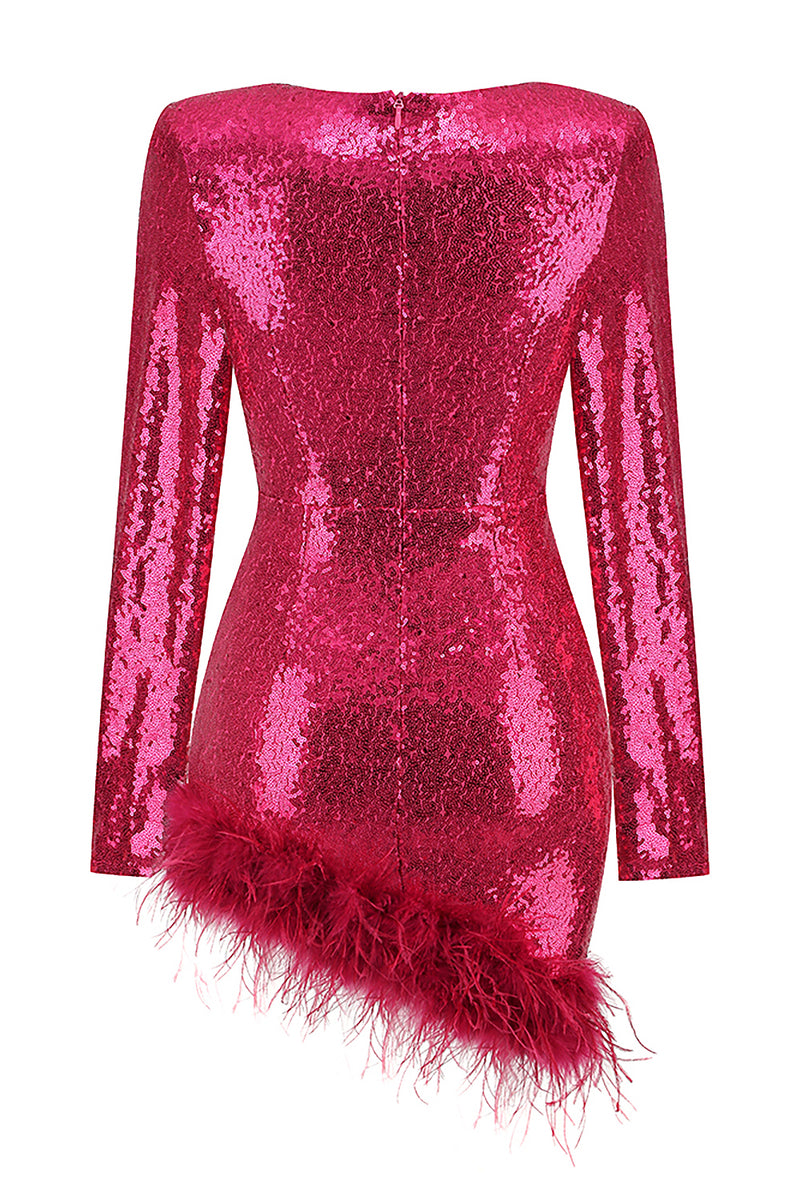 Sequins Feather-trim Long sleeves Mini Dress In Pink Rose Gold