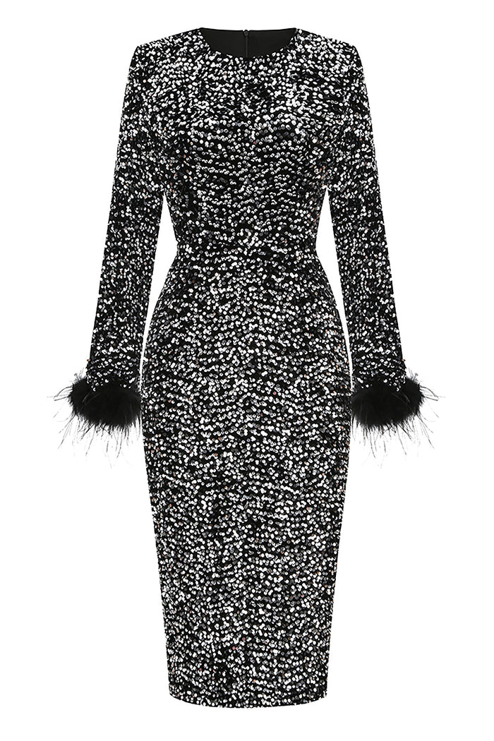 Sequins Long sleeves Feather-trim Midi Dress In Black Purple Chambord