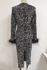 Sequins Long sleeves Feather-trim Midi Dress In Black Purple Chambord