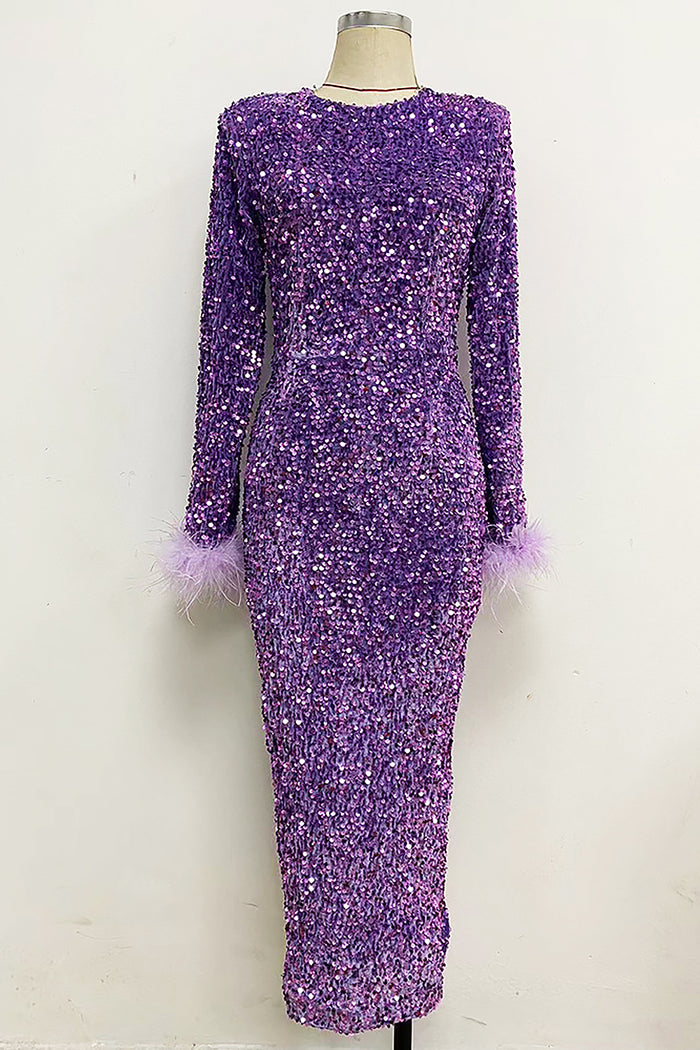 Sequins Long sleeves Feather-trim Midi Dress In Black Purple Chambord