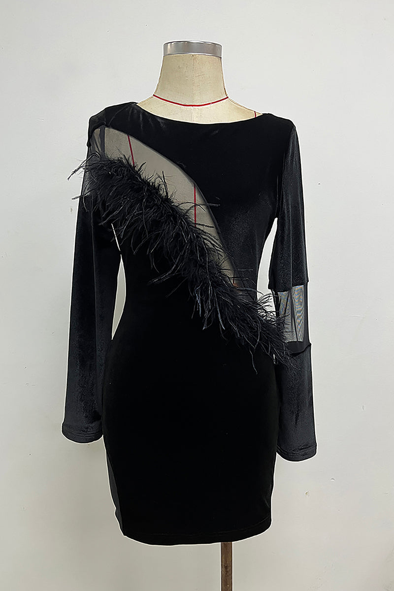 Sequins Long sleeves Feather Midi Dress In Black