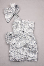 Silver Diagonal Collar One Shoulder Hollow Out Jacquard Mini Dress