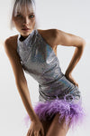 Silver Sparkling Sequins Feather Halter Backless Mini Dress