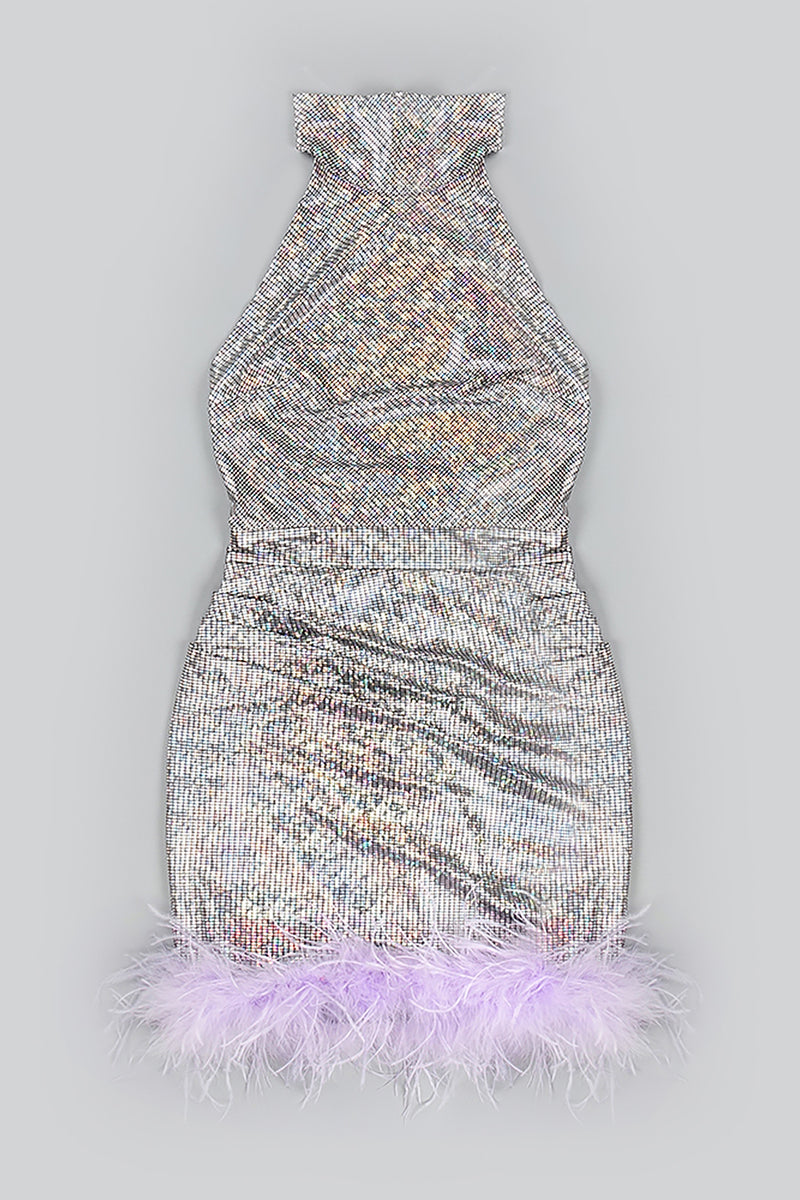 Silver Sparkling Sequins Feather Halter Backless Mini Dress