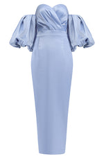 Blue Puff Sleeve Off-Shoulder Pattern Slit Dress - IULOVER