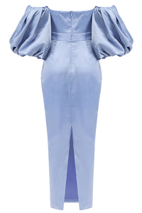Blue Puff Sleeve Off-Shoulder Pattern Slit Dress - IULOVER