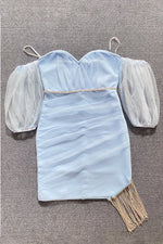 Off Shoulder Puff Sleeve Mesh Diamond Tassel Mini Bandage Dress