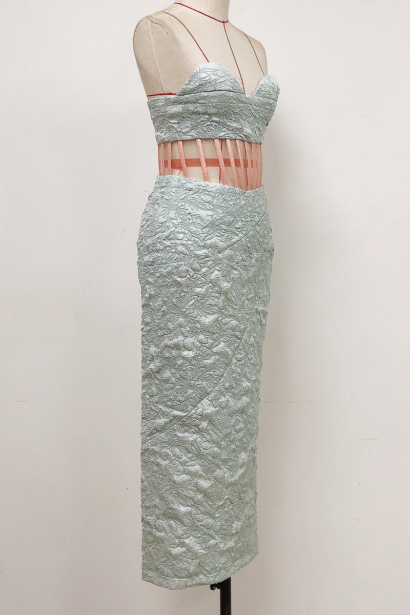 Strapless Embroidery Slim Mesh Midi Dress In Sky Blue Yellow