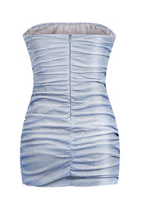 Sky Blue Strapless Sequins Draped Split Bodycon Dress - IULOVER