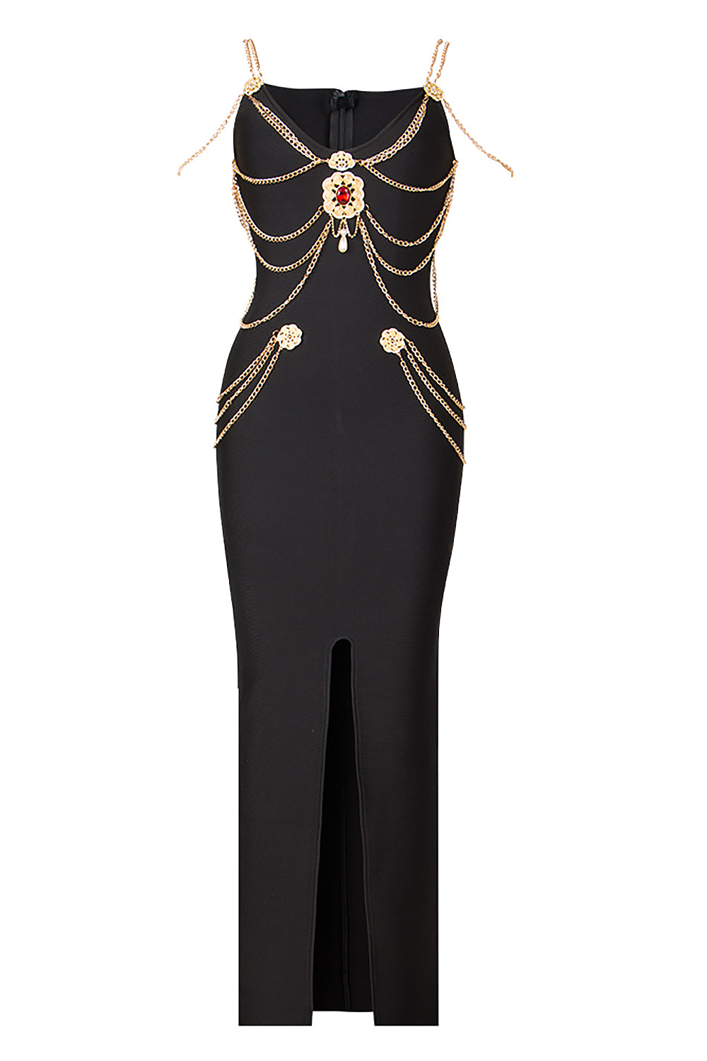 Black White Chain Spaghetti Strap V-Neck Split Bandage Dress Bodycon Celebrity Club Party Long Dress Vestidos Black / M