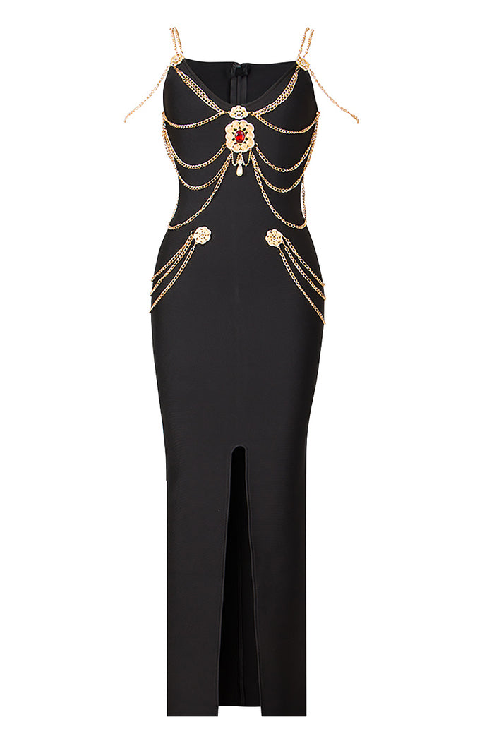 Black White Chain Spaghetti Strap V-Neck Split Bandage Dress Bodycon Celebrity Club Party Long Dress Vestidos Black / M Black White Chain Spaghetti Strap V-Neck Split Bandage Dress Bodycon Celebrity Club Party Long Dress Vestidos Black / M