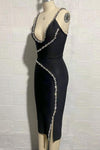 Spaghetti Strap Beaded Midi Dress With Slit In Balck