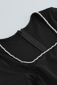 Vestido maxi com gola quadrada cristal manga comprida com recorte dividido