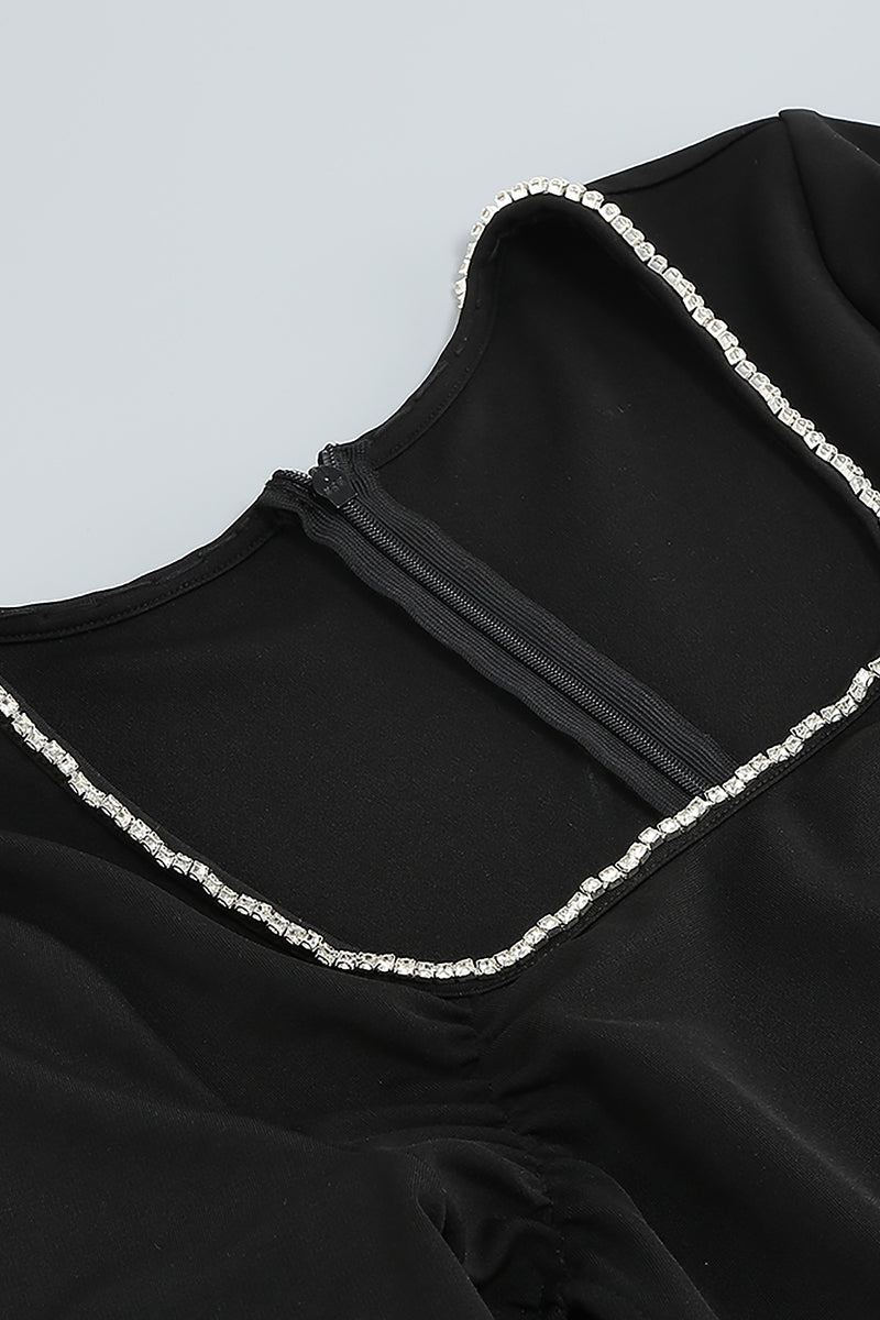 Square Collar Crystal Long Sleeve Lace Up Cutout Split Maxi Dress
