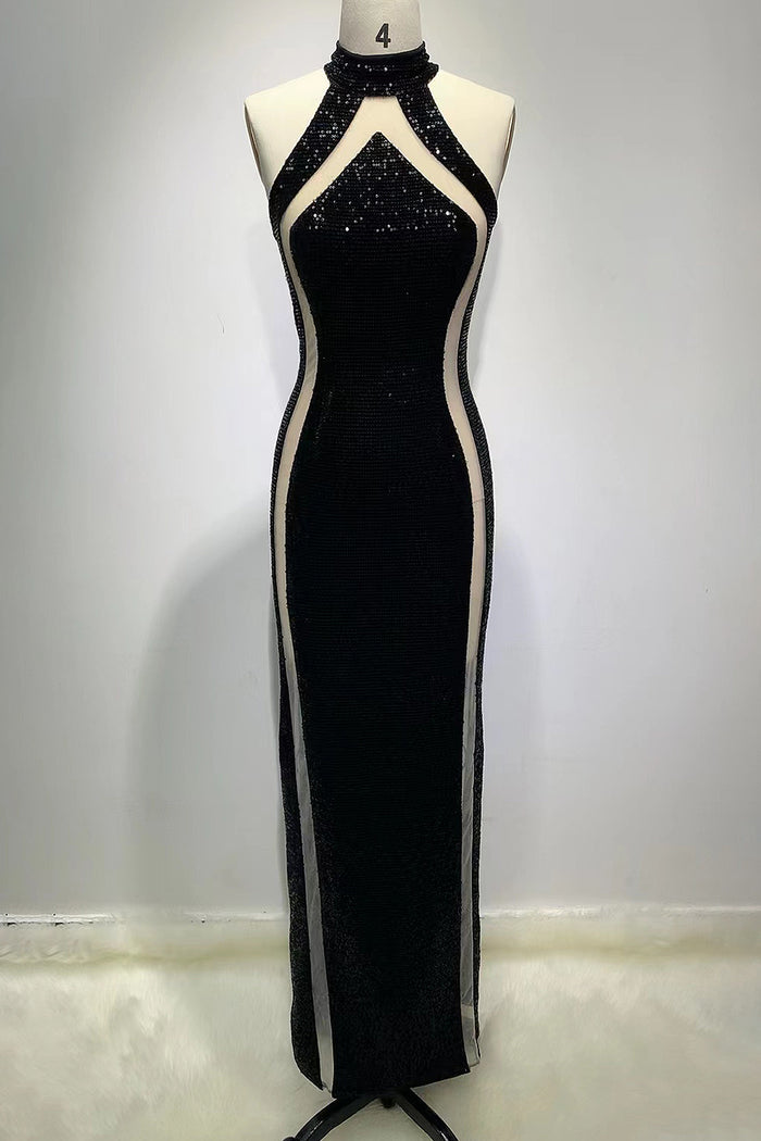 Stand Collar Sequins Sleeveless Mesh Slit Long Dress