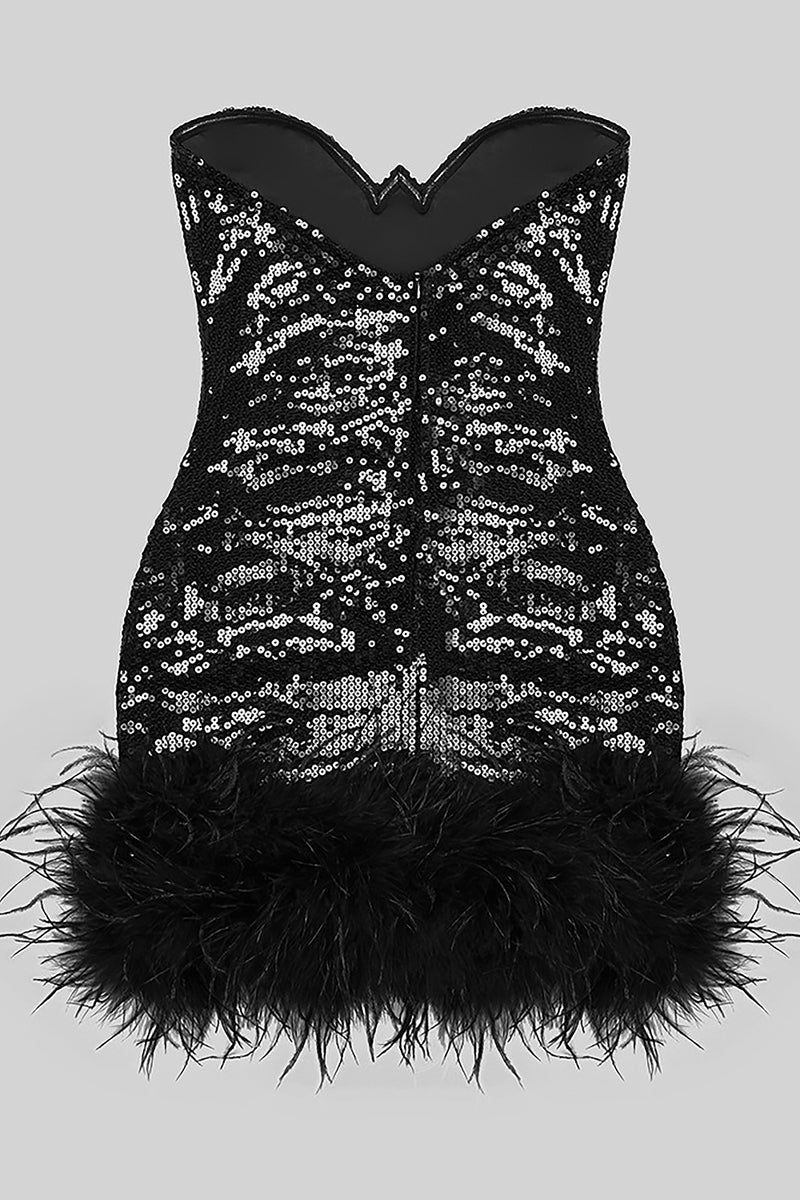Strapless Sequin Feather Trim Mini Dress In Black