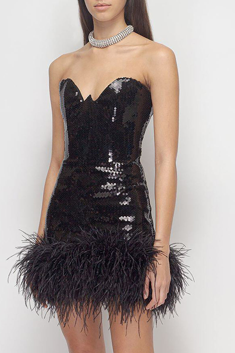 iulover Strapless Sequin Feather Trim Mini Dress in Black Xs / Black