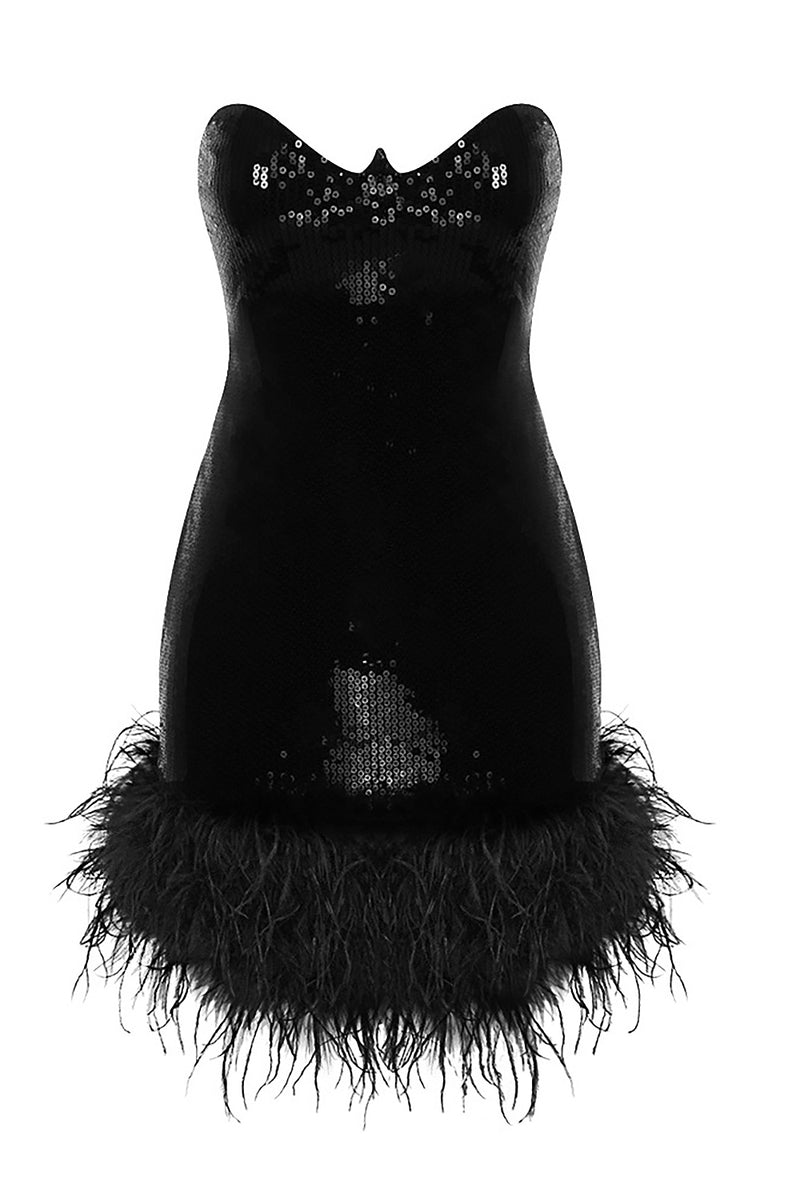 Strapless Sequin Feather Trim Mini Dress In Black