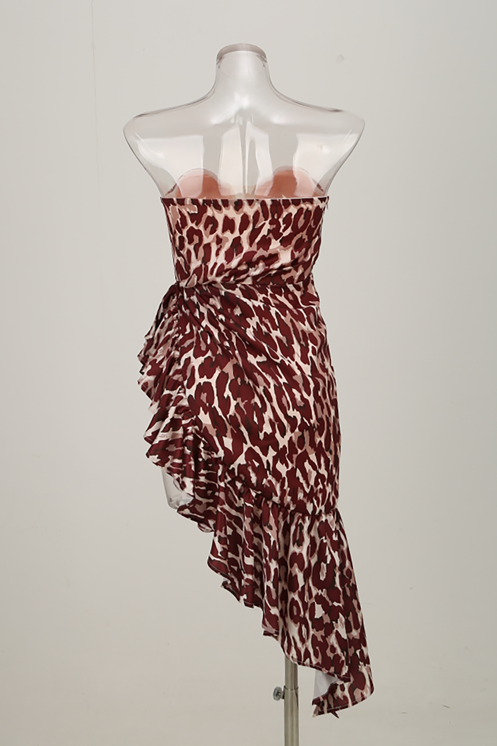 Strapless Leopard Irregular Ruffle Midi Dress